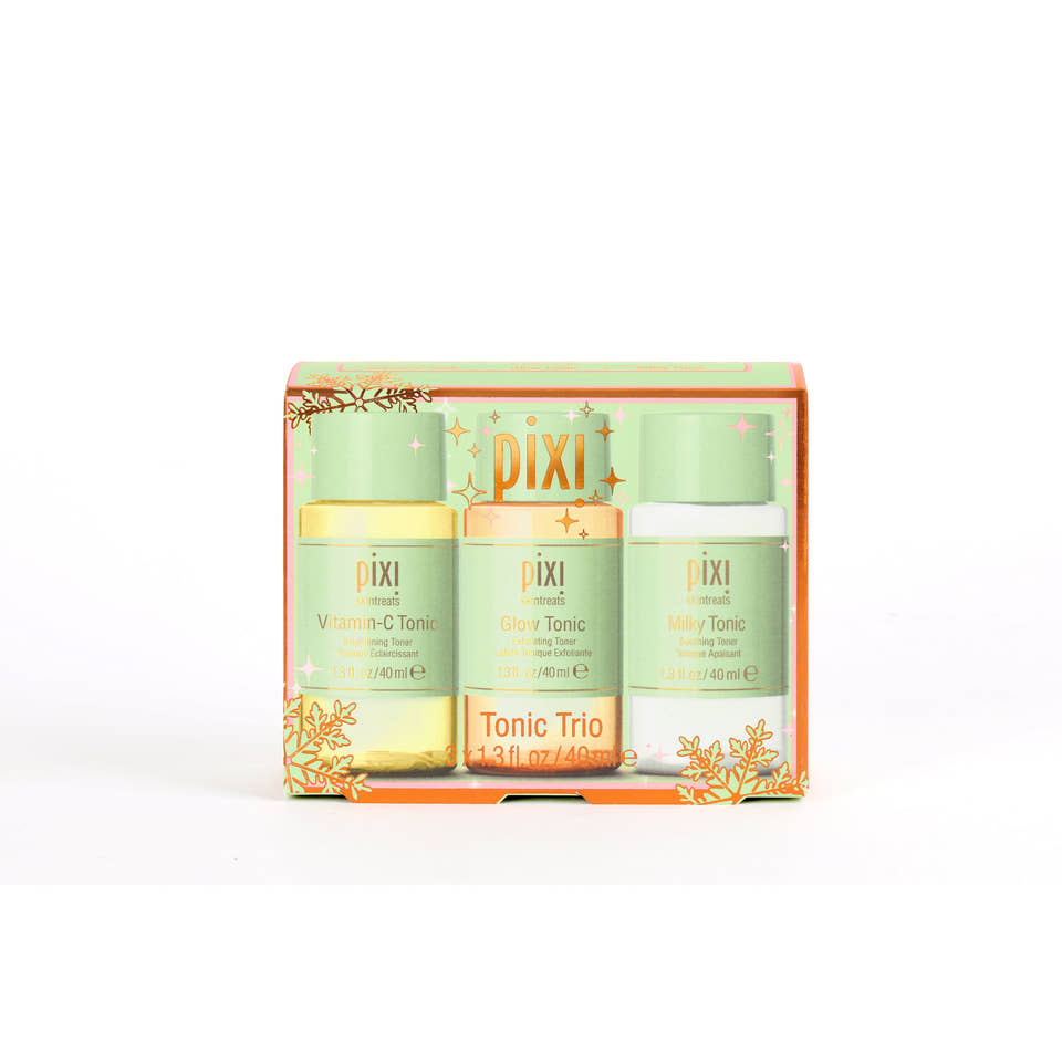 Pixi Tonic Trio gift set in a decorative light green and orange box, containing three 4.7 fl oz (138 ml) bottles: Vitamin-C Tonic, Glow Tonic, and Milky Tonic. view 2