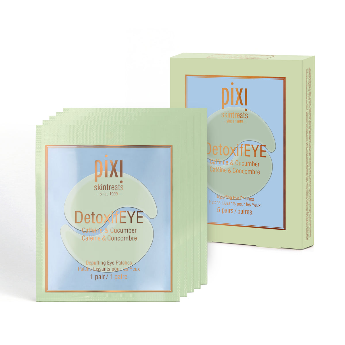 5 DetoxifEYE single use patches grouped together with a box