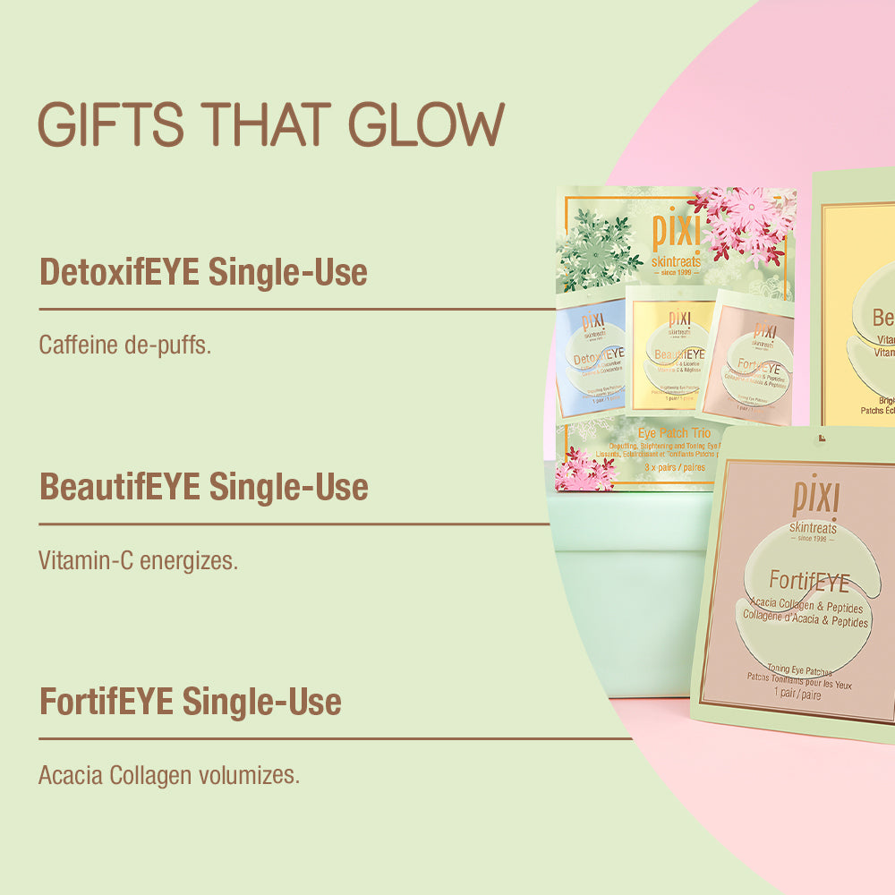 Gifts that Glow - DetoxifEYE Single-Use Caffeine de-puffs. BeaitufEYE Single-Use Vitamin-C energizes. FortifEYE Single-Use Acacia Collagen volumizes.