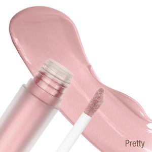 Pixi Liquid Glow Pretty view 2 lip gloss with applicator and swatch on a white background