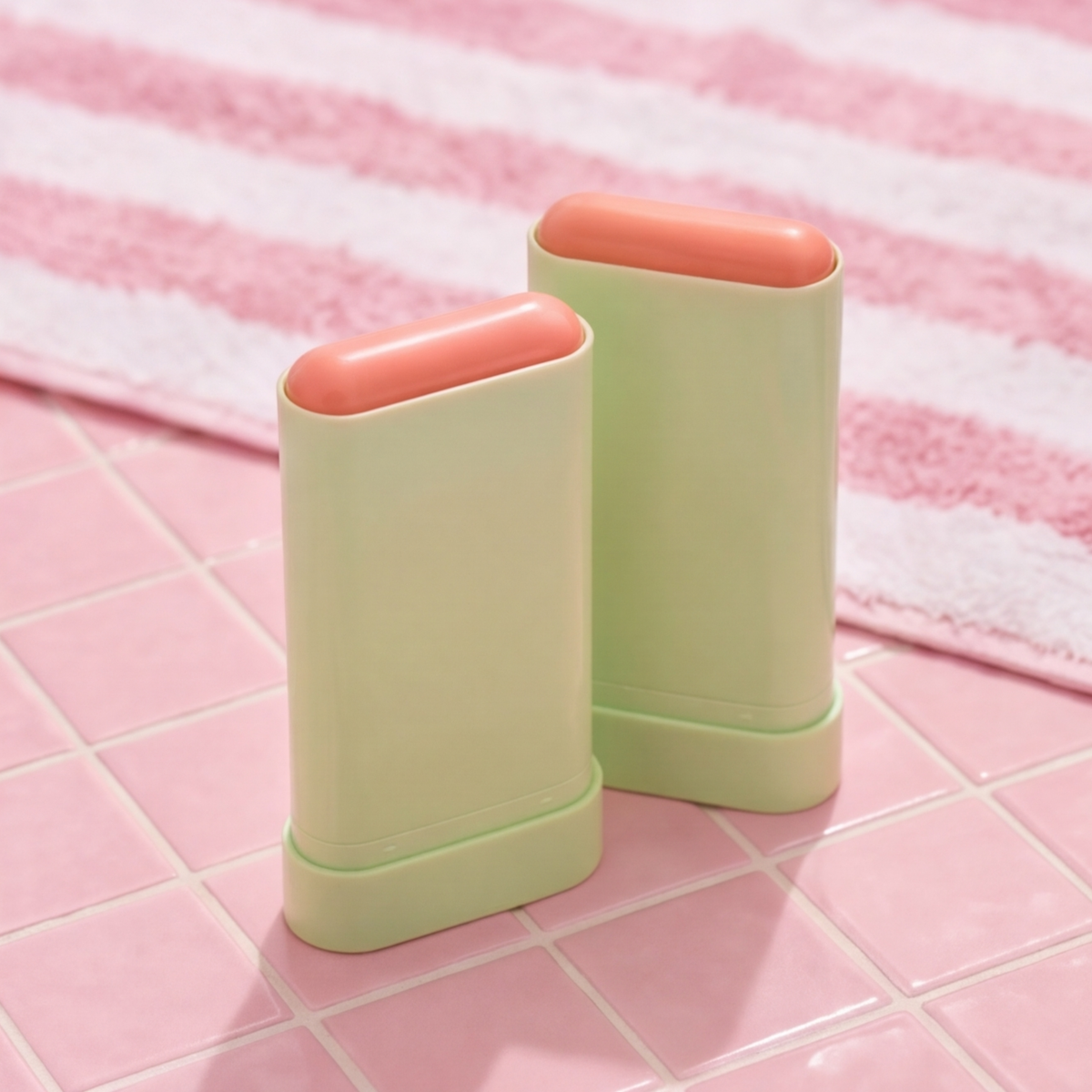 Two Pixi On-the-Glow SHIELD SPF 50 sunscreen containers caps off, standing on a pink tiled surface with a pink-and-white striped towel in the background.