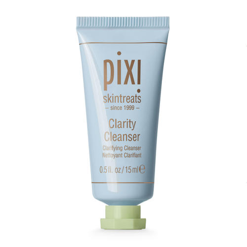 Pixi Skintreats Clarity Cleanser shown as a light blue squeeze tube with a pale green cap next to its matching light green and gold outer box on a white background. view 1