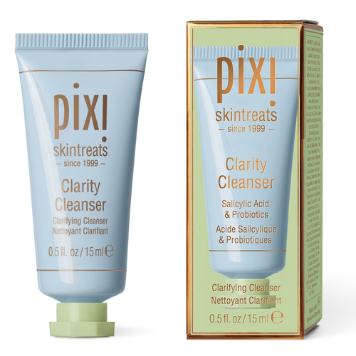 Pixi Skintreats Clarity Cleanser shown as a light blue squeeze tube with a pale green cap next to its matching light green and gold outer box on a white background. view 2