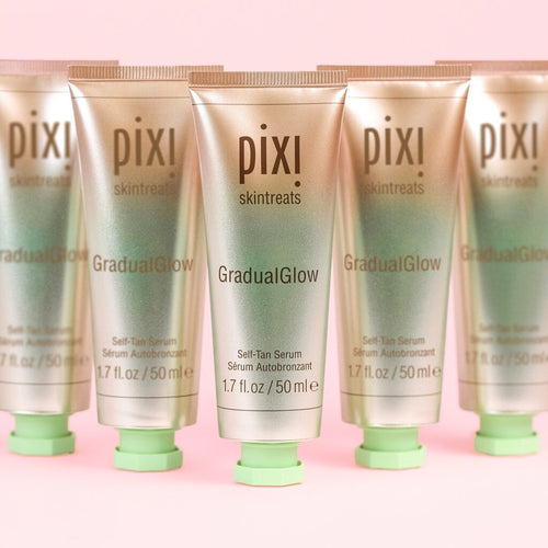 Pixi GradualGlow Self-Tan Serum in a row on pink background view 2