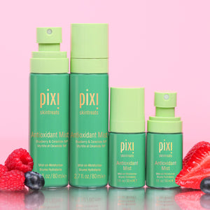 Antioxidant Mists in multiple sizes shown on a pink background with berries