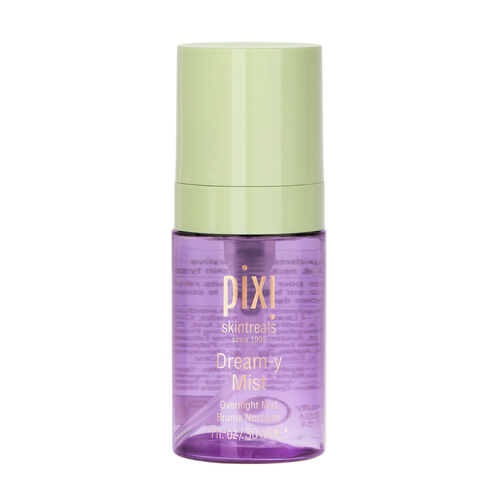 A bottle of Pixi Skintreats Dreamy Mist Overnight mist on a solid white background. The bottle is translucent purple with a light green cap. view 1