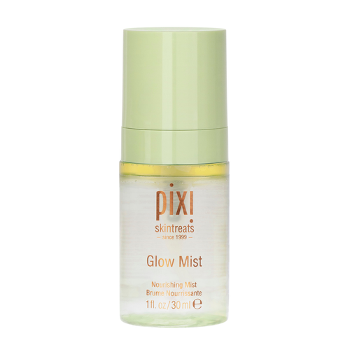 Pixi Skintreats Glow Mist nourishing mist in a 1 fl. oz. (30 ml) clear bottle with a light green cap, on a white background. view 1