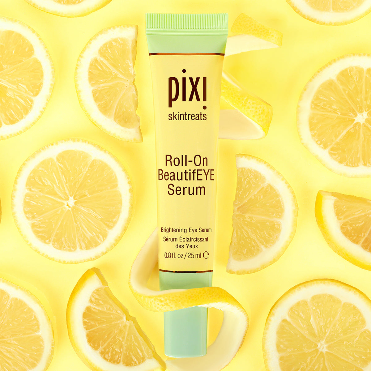 Pixi Roll-On BeautifEYE Serum with lemon slices on a yellow background