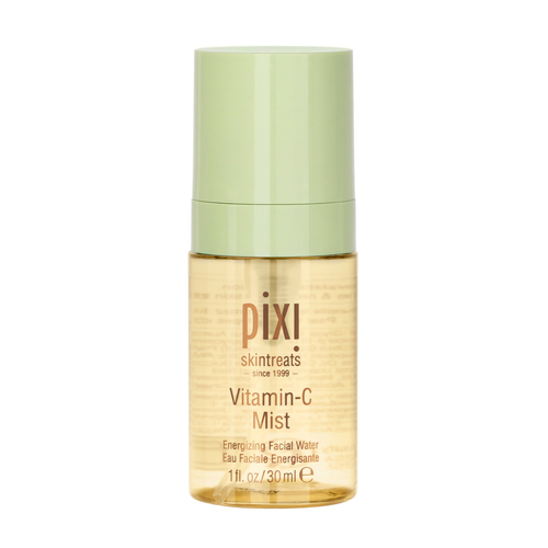 Pixi Skintreats Vitamin-C Mist facial mist in a clear bottle showing the golden liquid inside, with a light green cap, on a white background. view 1