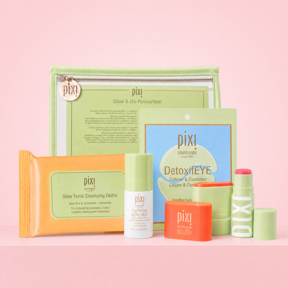 Glow & Go Favourites shown on a pink background featuring Travel Makeup Bag, Glow Tonic Cleansing Cloths, 1-Pair of DetoxifEYE Patches, Hydrating Milky Mist, On-the-Glow BLUSH Petite and +Hydra LipTreat view 1